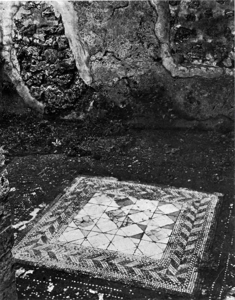 VII.2.45 Pompeii, c.1930. Central emblema in cubiculum in centre of east side of atrium.
See Blake, M., (1930). The pavements of the Roman Buildings of the Republic and Early Empire. Rome, MAAR, 8, (p.44, p.106 ftn 1 & pl.8, tav.3)
