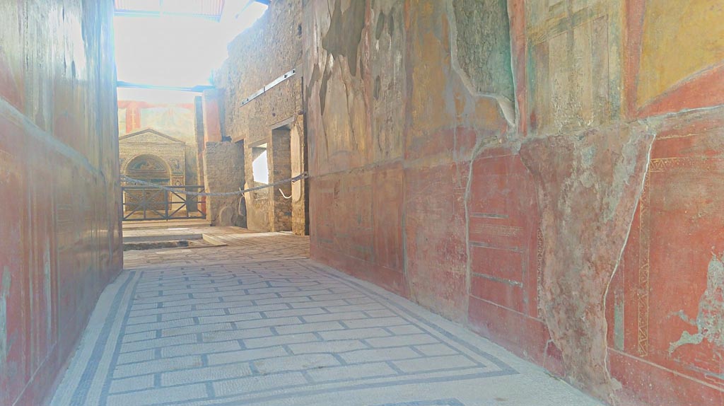 VII.2.45 Pompeii. 2017/2018/2019. 
Looking north along zoccolo on lower east wall of entrance corridor. Photo courtesy of Giuseppe Ciaramella.

