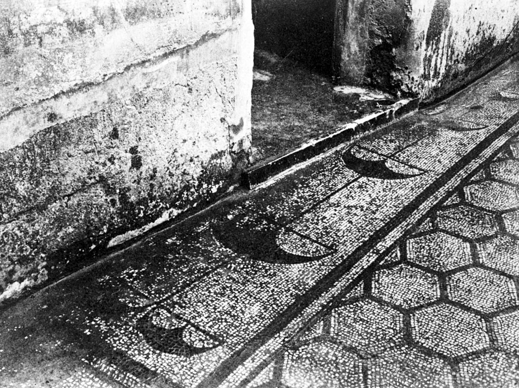 VI.2.45 Pompeii. W.11. Patterned mosaic floor on west side of atrium. 
According to Bragantini, this area is described as a wide threshold with “pelta”, or crescent-shaped shields, in front of the west wall.
See Bragantini, de Vos, Badoni, 1986. Pitture e Pavimenti di Pompei, Parte 3. Rome: ICCD. (p.87, atrio ‘b’)
Photo by Tatiana Warscher. Photo © Deutsches Archäologisches Institut, Abteilung Rom, Arkiv. 
