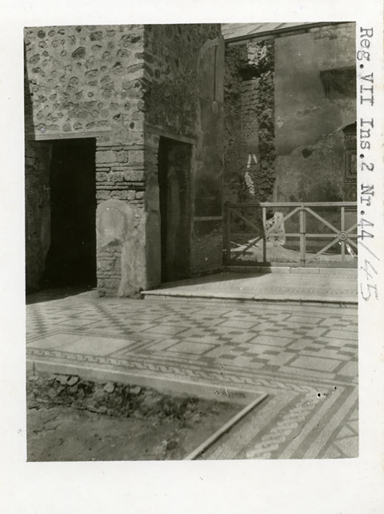 VII.2.45 Pompeii. Pre-1937-39. 
Looking across impluvium in atrium towards room in north-west corner and tablinum.
Photo courtesy of American Academy in Rome, Photographic Archive. Warsher collection no. 1762.


