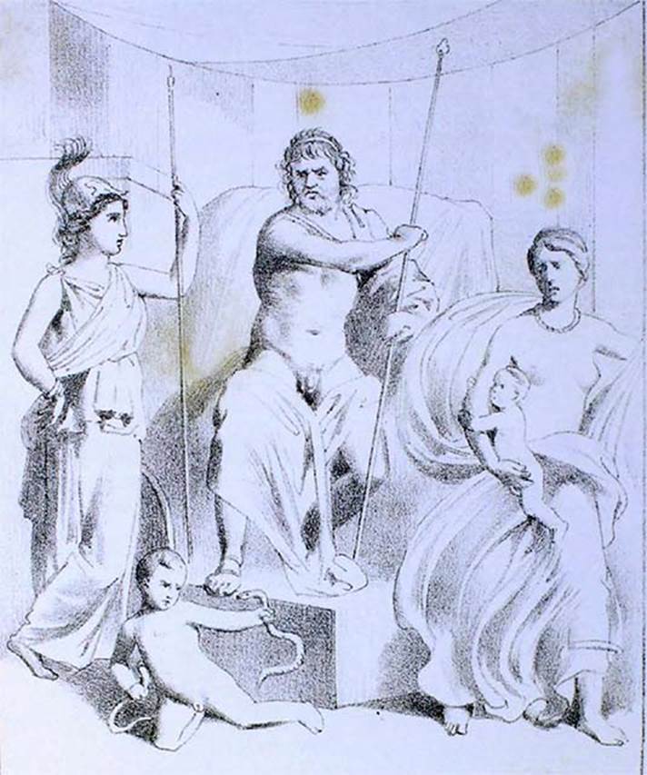 VII.3.11 Pompeii. Drawing by Nicola La Volpe, 1867, of a painting of Jove on his throne with two female figures, described as being from the same east wall as the above.
This was seen at the centre of one of the walls of a room described as an oecus, or a cubiculum, on the east side of the peristyle.
Now in Naples Archaeological Museum. Inventory number ADS 559.
Photo © ICCD. http://www.catalogo.beniculturali.it
Utilizzabili alle condizioni della licenza Attribuzione - Non commerciale - Condividi allo stesso modo 2.5 Italia (CC BY-NC-SA 2.5 IT)
Nothing now remains of the original painting as the oecus/cubiculum has lost all of its plaster. 

