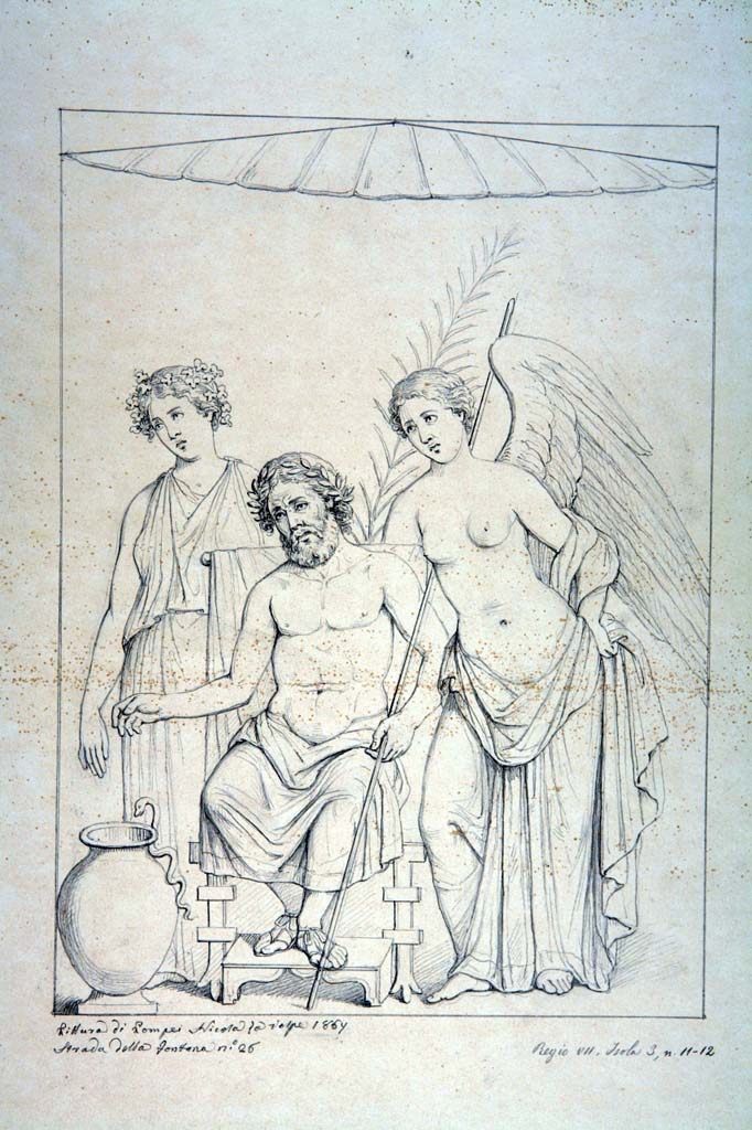 VII.3.11 Pompeii. Drawing by L. Schulz, 1867, of a painting of Jove on his throne with two female figures.
DAIR 83.134. Photo © Deutsches Archäologisches Institut, Abteilung Rom, Arkiv. 
See Archäologische Zeitung 1868, Taf. IV upper.
