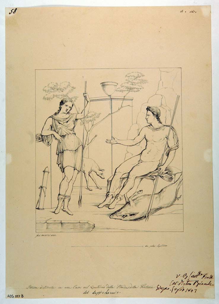VII.3.13 Pompeii. Drawing by Giuseppe Abbate, 1843, of painting seen on west wall of triclinium, showing Atalanta and Meleager. 
This painting was not cut and detached from the wall, and now this drawing is the only documentation of it.
Now in Naples Archaeological Museum. Inventory number ADS 557 B.
Photo © ICCD. http://www.catalogo.beniculturali.it
Utilizzabili alle condizioni della licenza Attribuzione - Non commerciale - Condividi allo stesso modo 2.5 Italia (CC BY-NC-SA 2.5 IT)
See Helbig, W., 1868. Wandgemälde der vom Vesuv verschütteten Städte Campaniens. Leipzig: Breitkopf und Härtel, (1162)
