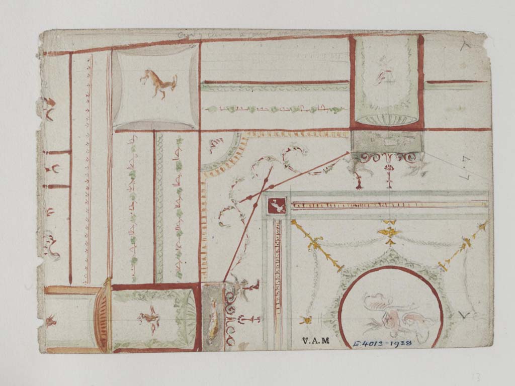 VII.3.21 Pompeii. c.1840.
Painting/drawing of ceiling in triclinium, by James William Wild. 
Photo © Victoria and Albert Museum, inventory number E.4013-1938.

