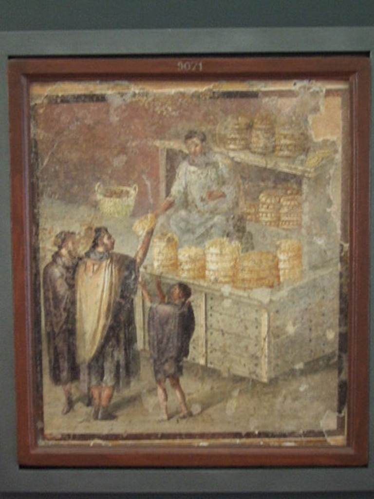 Found in VII.3.30 Pompeii.  Casa del Panettiere.  Wall painting of The Breadseller or the Distribution of Bread or The Bakers shop.  Now in Naples Archaeological Museum.  Inventory number 9071.