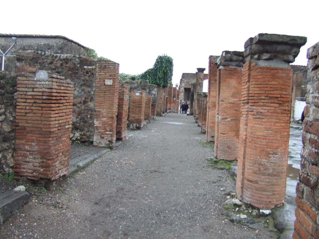 VII.4.3 and VII.4.4 Pompeii. December 2005. Looking south along colonnade in Via del Foro.