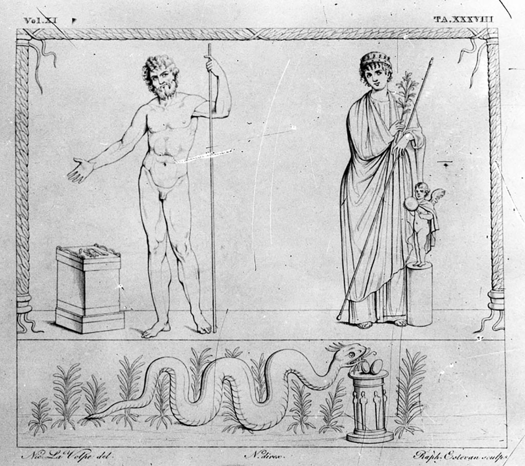 VII.4.20 Pompeii. W.15. About 1835. North wall of kitchen of dwelling house. Sketch by N. La Volpe of Lararium painting.  
In the upper zone were Jupiter and Venus Pompeiana.  
In the middle zone was the sacrificial scene.  
In the lowest zone a single serpent approached an altar from the left.
See Boyce G. K., 1937. Corpus of the Lararia of Pompeii. Rome: MAAR 14.  (271, p.65, Pl 18,2).
See Real Museo Borbonico XI, Plate 38.
Photo by Tatiana Warscher. Photo © Deutsches Archäologisches Institut, Abteilung Rom, Arkiv. 
According to Fröhlich
In the uppermost zone of the picture stands Venus Pompeiana on the right with the mural crown [a crown representing city walls or towers] and in a violet chiton and blue cloak. 
She puts weight on her right leg, leans on the rudder with her left arm and holds a branch in front of her chest with her right hand. 
To her left is a small Eros in brown chlamys and holding a mirror on a round base. Jupiter is standing naked on his right leg on the left. 
He holds the scepter in his raised left hand and makes an offering with his right hand over a square altar at his side. 
The picture is framed by two columns entwined with foliage, standing on candelabrum feet and joined together at the top by a similarly entwined beam. 
In the lower zone, the bottom part of this picture, a snake moves between sparse plants to the right towards a round altar. 
See Fröhlich, T., 1991. Lararien und Fassadenbilder in den Vesuvstädten. Mainz: von Zabern, L83, p. 285-6, abb. 5 and 6.

