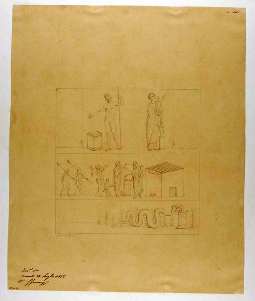 VII.4.20 Pompeii. Drawing by Nicola La Volpe of lararium painting from north wall of kitchen.
Nothing remains of the painting. 
Now in Naples Archaeological Museum. Inventory number ADS 573.
Photo © ICCD. http://www.catalogo.beniculturali.it
Utilizzabili alle condizioni della licenza Attribuzione - Non commerciale - Condividi allo stesso modo 2.5 Italia (CC BY-NC-SA 2.5 IT)
In the upper zone were Jupiter and Venus Pompeiana.  
In the middle zone was the sacrificial scene.  
In the lowest zone a single serpent approaches an altar from the left.
See Boyce G. K., 1937. Corpus of the Lararia of Pompeii. Rome: MAAR 14.  (271, p.65, Pl 18,2).
