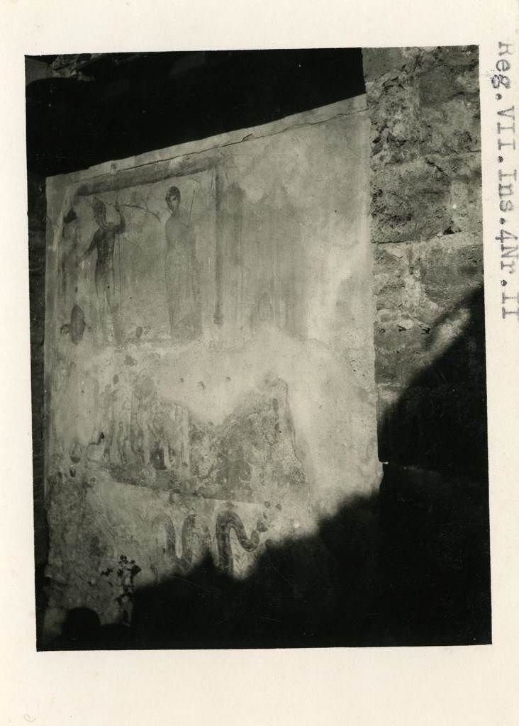 VII.4.20, Pompeii, but shown as VII.4.11 on photo. Pre-1937-39. 
Lararium from north wall of courtyard.
Photo courtesy of American Academy in Rome, Photographic Archive. Warsher collection no. 1905.
According to Fröhlich
In the courtyard with the Lararium painting, the kitchen, the latrine and a cistern are located on the east side under one roof.
See Fröhlich, T., 1991. Lararien und Fassadenbilder in den Vesuvstädten. Mainz: von Zabern, L83, p. 285-6, abb. 5 and 6.
