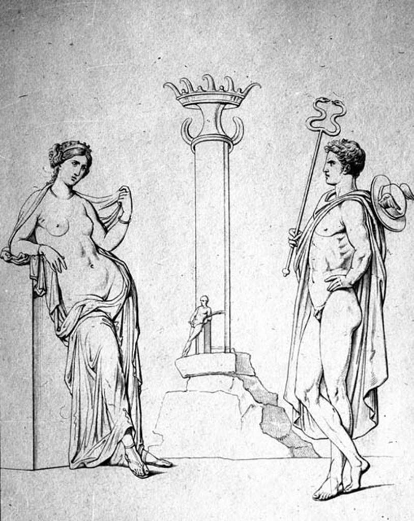 VII.4.23 Pompeii. W.18. Drawing of Mercury, Venus and statue of Priapus, found painted on the external pilaster between numbers 23 and 24.
See Real Museo Borbonico, 1, tav.32.
See Helbig, W., 1868. Wandgemälde der vom Vesuv verschütteten Städte Campaniens. Leipzig: Breitkopf und Härtel. (20)
Photo by Tatiana Warscher. With kind permission of DAI Rome, whose copyright it remains. 

Found painted in red and black in November 1821 on this pilaster was –
M(arcum)  Cerrinium  aed(ilem)  d(ignum)  r(ei)  p(ublicae)  o(ro)  v(os)  f(aciatis)     [CIL IV 556]
and underneath it was –
Marcellum
aed(ilem) rog(at)     [CIL IV 557]
See Pagano, M. and Prisciandaro, R., 2006. Studio sulle provenienze degli oggetti rinvenuti negli scavi borbonici del regno di Napoli.  Naples : Nicola Longobardi. 
(p. 123)
