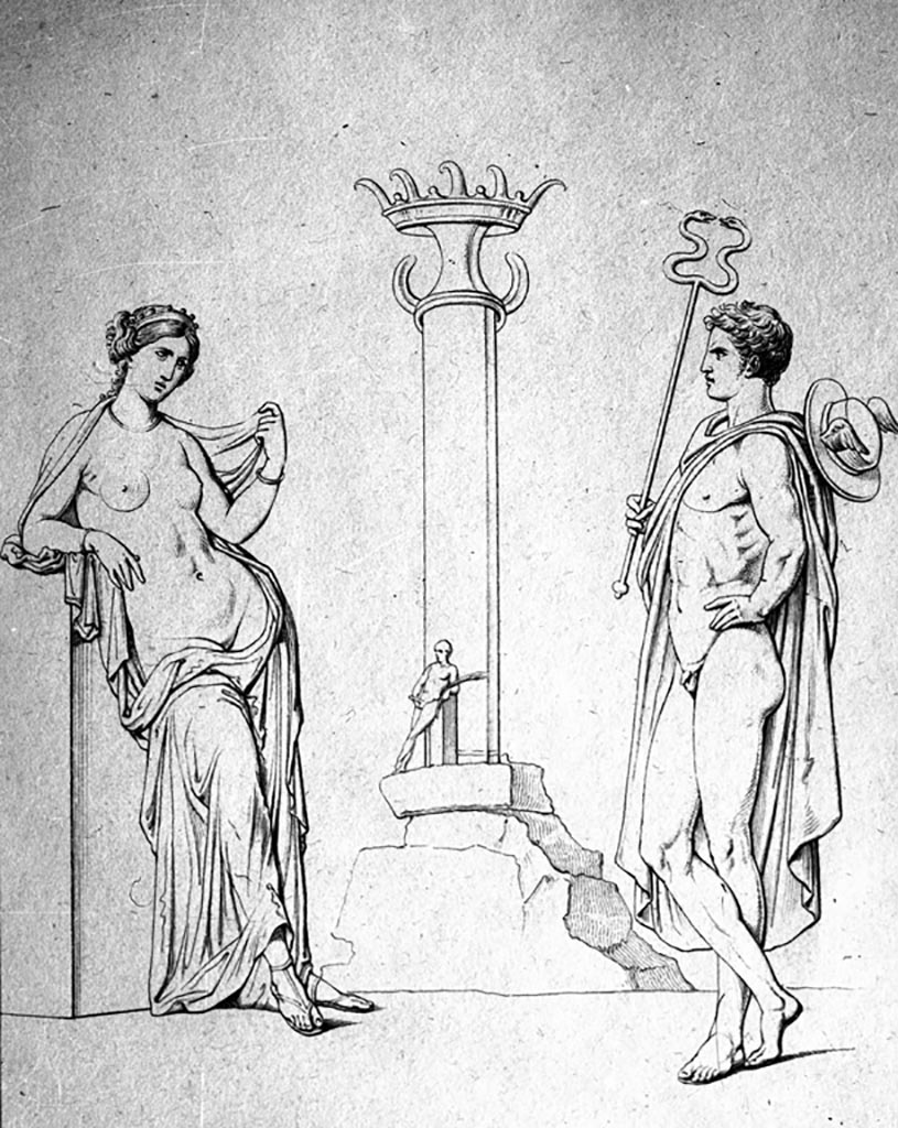 VII.4.24 Pompeii. W.18. 
Drawing of Mercury, Venus and statue of Priapus, found painted on the external pilaster between numbers 23 and 24.
See Real Museo Borbonico, 1, tav.32.
See Helbig, W., 1868. Wandgemälde der vom Vesuv verschütteten Städte Campaniens. Leipzig: Breitkopf und Härtel. (20)
Photo by Tatiana Warscher. With kind permission of DAI Rome, whose copyright it remains. 

Found painted in red and black in November 1821 on this pilaster was –

M(arcum)  Cerrinium  aed(ilem)  d(ignum)  r(ei)  p(ublicae)  o(ro)  v(os)  f(aciatis)     [CIL IV 556]

and underneath it was –

Marcellum
aed(ilem) rog(at)     [CIL IV 557]

See Pagano, M. and Prisciandaro, R., 2006. Studio sulle provenienze degli oggetti rinvenuti negli scavi borbonici del regno di Napoli. Naples: Nicola Longobardi. (p. 123)
