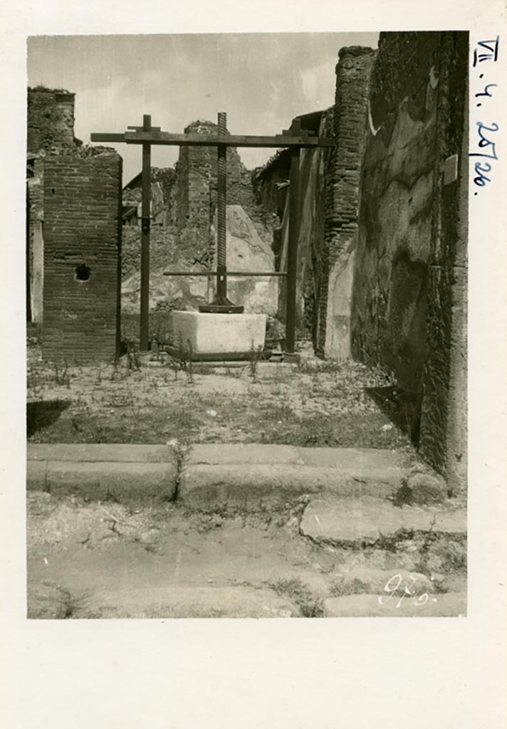 VII.4.25 Pompeii. Pre-1937-39. 
Looking north from Via degli Augustali, across workshop room towards atrium and tablinum.
Photo courtesy of American Academy in Rome, Photographic Archive. Warsher collection no. 976.
