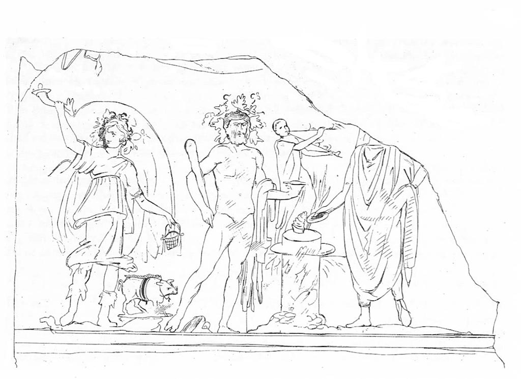 VII.4.26 Pompeii. Drawing of lararium painting.
According to Boyce and Frohlich, the lararium was on the south wall of the kitchen on a white background.
Frohlich wrote that the painting has now faded and vanished.
On the right of a blazing altar stood the Genius, behind the altar the tibicen was visible.
On the opposite side of the altar stood Hercules and behind him was a hog with a bell around its neck.
On the left of this group stood a Lar of smaller stature than the others. The Lar on the right had vanished.
Below these figures were painted numerous objects, now faded, including flasks and amphorae.
To the right of these objects, two young men wrestle for the possession of an amphora, each holding onto one of the handles.
With their other hand they each hold onto each other’s hair.
The two serpents were painted on an adjoining wall.
See Boyce G. K., 1937. Corpus of the Lararia of Pompeii. Rome: MAAR 14. (p.65, no.273).
See Fröhlich, T., 1991. Lararien und Fassadenbilder in den Vesuvstädten. Mainz: von Zabern. (p.286, L85, Abb.7)
See Helbig, W., 1868. Wandgemälde der vom Vesuv verschütteten Städte Campaniens. Leipzig: Breitkopf und Härtel, 69, taf. III.
