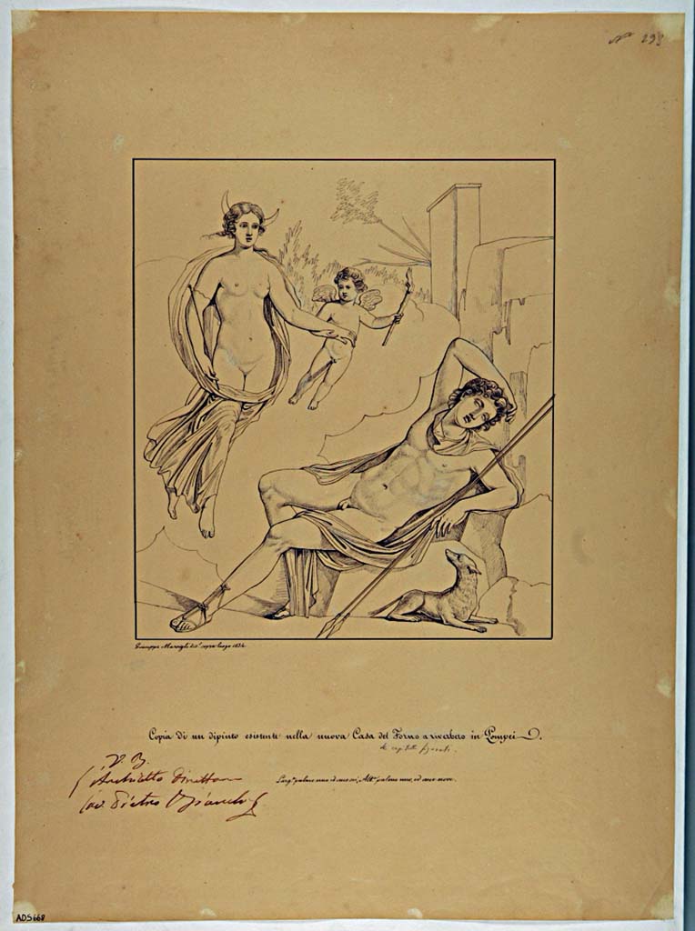 VII.4.29 Pompeii. Drawing of Selene and Endymion by Giuseppe Marsigli, 1834, written below was 
“Copy of a painting existing in the new Casa del Forno a riverbero in Pompeii (corrected to “in the capitelli figurati”)’.
The house of the figured capitals is the house at the rear of this one and is linked to it.
Now in Naples Archaeological Museum. Inventory number ADS 668.
Photo © ICCD. https://www.catalogo.beniculturali.it/
Utilizzabili alle condizioni della licenza Attribuzione - Non commerciale - Condividi allo stesso modo 2.5 Italia (CC BY-NC-SA 2.5 IT)
