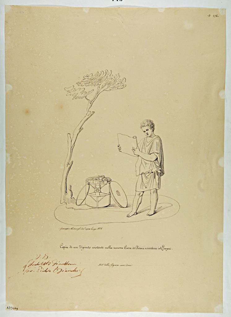 VII.4.29 Pompeii. Drawing by Giuseppe Marsigli, 1834, of boy opening a scroll with round box of scrolls at his feet.
Copy of a painting existing in the new Casa del Forno a riverbero in Pompeii. (Helbig 1419).
Now in Naples Archaeological Museum. Inventory number ADS 669.
Photo © ICCD. https://www.catalogo.beniculturali.it/
Utilizzabili alle condizioni della licenza Attribuzione - Non commerciale - Condividi allo stesso modo 2.5 Italia (CC BY-NC-SA 2.5 IT)
See Helbig, W., 1868. Wandgemälde der vom Vesuv verschütteten Städte Campaniens. Leipzig: Breitkopf und Härtel, 1419.

