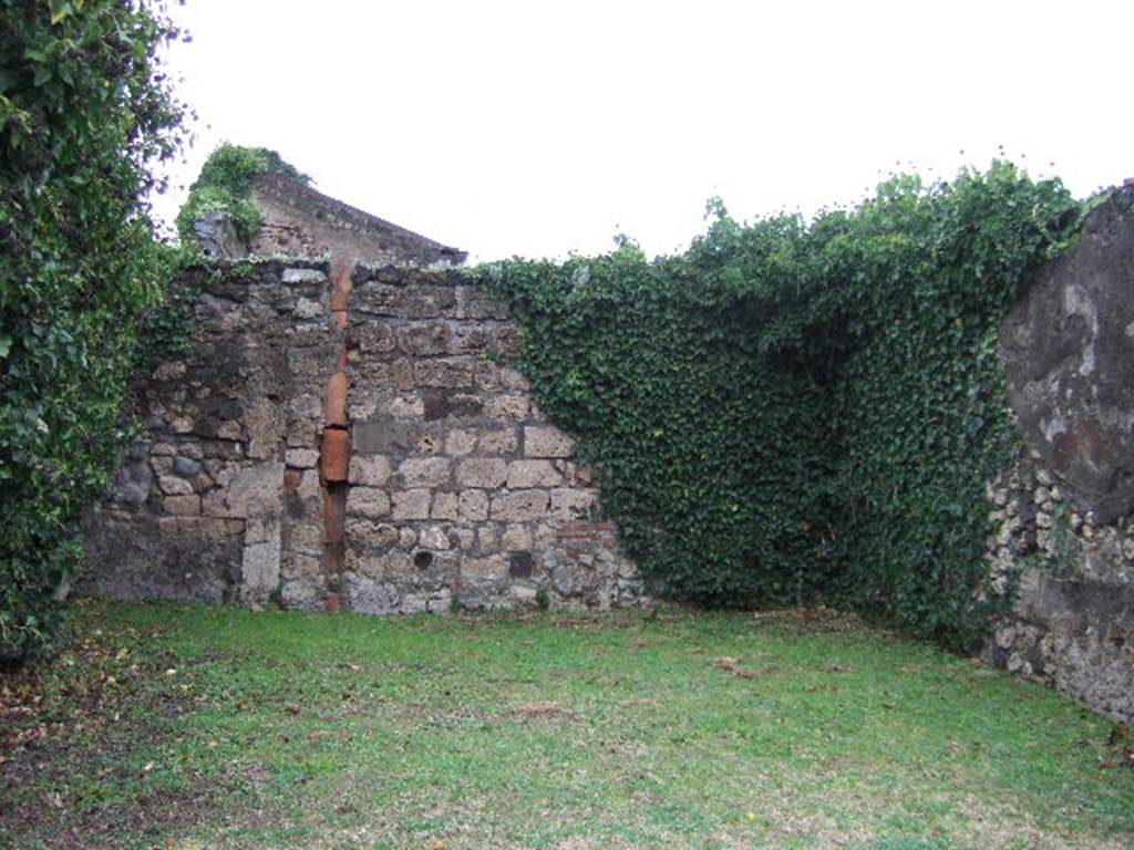 VII.4.30 Pompeii. December 2005. North-east corner, beneath the greenery would be a door to atrium of VII.4.31, blocked in antiquity.
