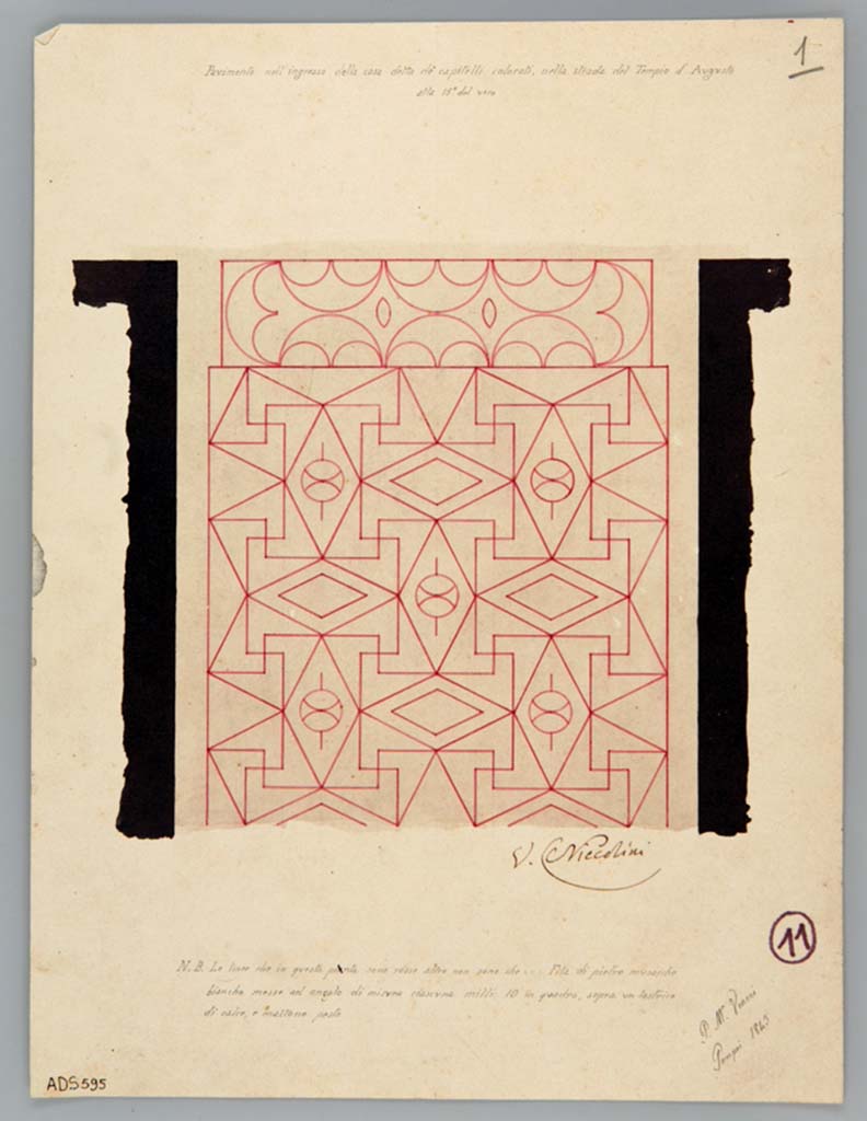 VII.4.31/51 Pompeii. Drawing by Pasquale Maria Veneri, 1843, of flooring at the entrance.
There is a note that reads “the lines that are shown in red, are rows of white mosaic stones”.
Now in Naples Archaeological Museum. Inventory number ADS 595.
Photo © ICCD. http://www.catalogo.beniculturali.it
Utilizzabili alle condizioni della licenza Attribuzione - Non commerciale - Condividi allo stesso modo 2.5 Italia (CC BY-NC-SA 2.5 IT)
