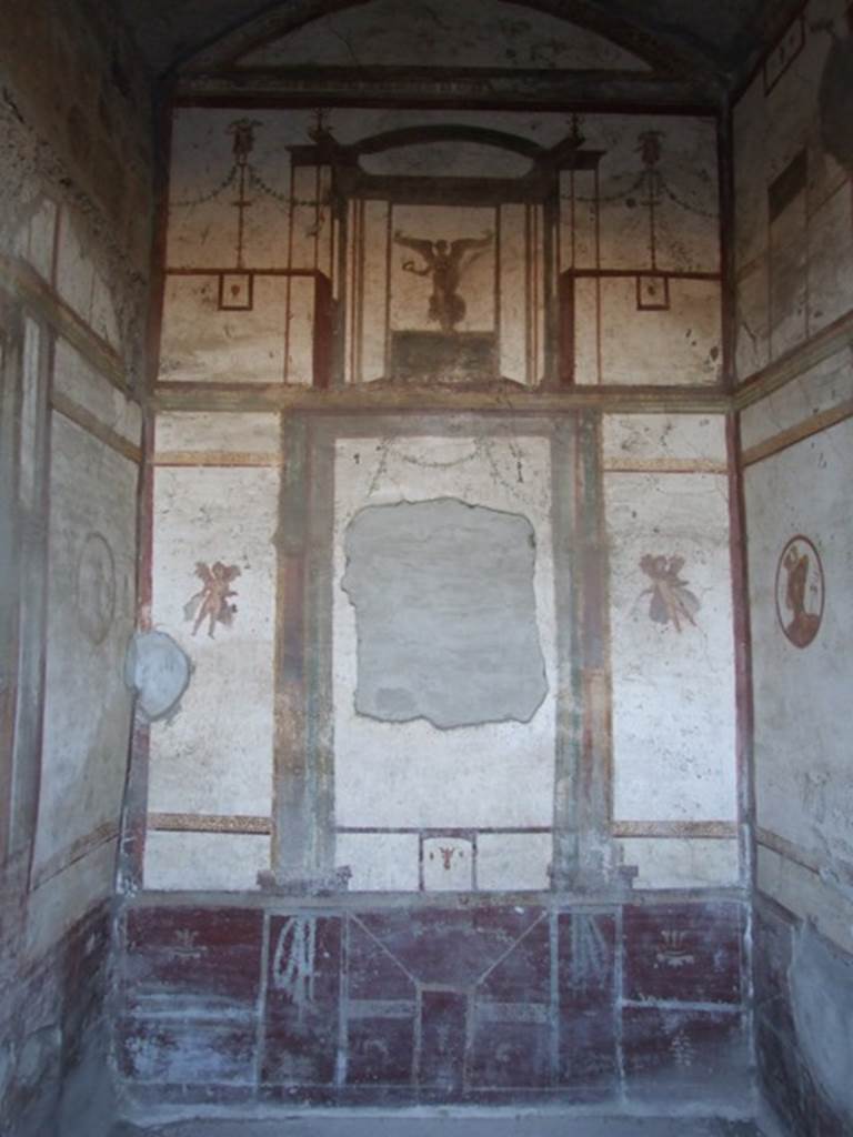 VII.4.48 Pompeii. December 2007. Room 14.   West wall.  Central wall painting of Danae, removed to Naples Museum.

