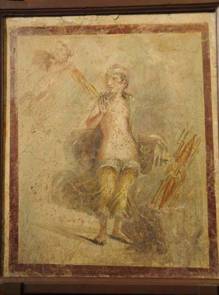 VII.4.48 Pompeii. Room 14, west wall of cubiculum. Wall painting of Danae and the Golden shower of Zeus.  
Now in Naples Archaeological Museum, inventory number 9549.
See Helbig, W., 1868. Wandgemlde der vom Vesuv verschtteten Stdte Campaniens. Leipzig: Breitkopf und Hrtel. (116).
See Real Museo Borbonico XI, 1835, (Pl 21).
