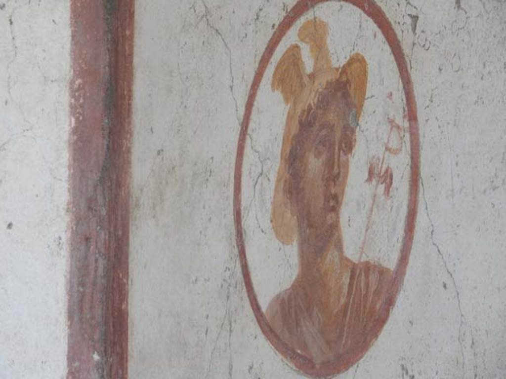 VII.4.48 Pompeii. May 2015. Room 14, medallion with painting of Hermes or Mercury, on north wall of cubiculum at west end.  Photo courtesy of Buzz Ferebee.
