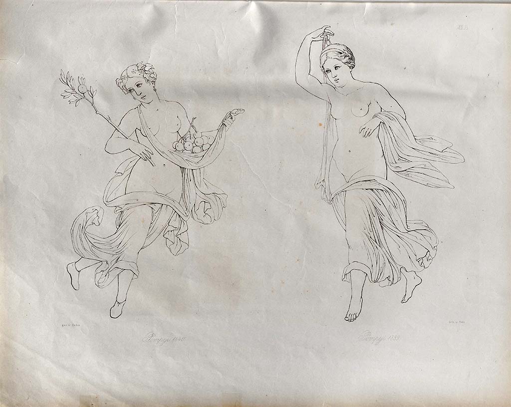 VII.4.48 Pompeii. Found 1839 and 1840, two feminine flying figures. 
According to Zahn  The figure found in November 1839 in a new house on the Strada della Fortuna, was painted on a red background, the clothing was yellow above and white below; the clothing on the left arm was violet.
The other figure with the fruits and carrying a branch in the right hand (perhaps this figure represents Summer or Autumn, belonging to the same house, and was painted on a yellow background.
See Zahn, W., 1842-44. Die schnsten Ornamente und merkwrdigsten Gemlde aus Pompeji, Herkulanum und Stabiae: II. Berlin: Reimer, taf. 8.
