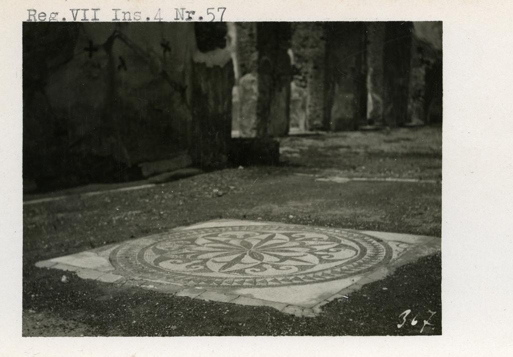 VII.4.57 Pompeii. Pre-1937-39. Looking north-west towards atrium, across central emblema in mosaic floor in tablinum. 
Photo courtesy of American Academy in Rome, Photographic Archive. Warsher collection no. 367.
