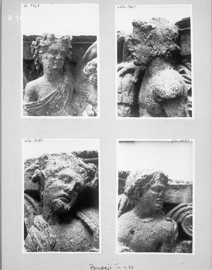 VII.4.57 Pompeii. 1956?
Top: Detail from figures on right-hand side of entrance.
Lower: Detail from figures on left-hand side of entrance.
Photo courtesy of Taylor Lauritsen, ERC Grant 681269 DÉCOR. (March 2018).
DAIR (56.1467, 56.1469, 56.1470, and 56.1471). 
Photo © Deutsches Archäologisches Institut, Abteilung Rom, Arkiv. 
rkiv. 
