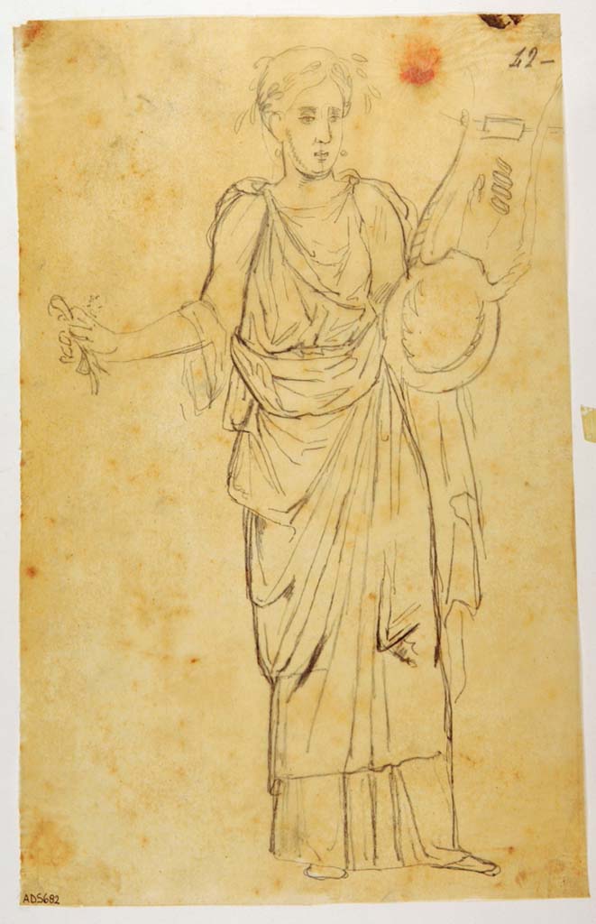 VII.4.59 Pompeii. Exedra or triclinium y, upper west wall at south end. Drawing by Giuseppe Marsigli, of female figure with lyre and plectrum.
The same subject in Museo Borbonico XI, tav. XXXI, was signed by La Volpe.
Now in Naples Archaeological Museum. Inventory number ADS 682.
Photo © ICCD. http://www.catalogo.beniculturali.it
Utilizzabili alle condizioni della licenza Attribuzione - Non commerciale - Condividi allo stesso modo 2.5 Italia (CC BY-NC-SA 2.5 IT)
