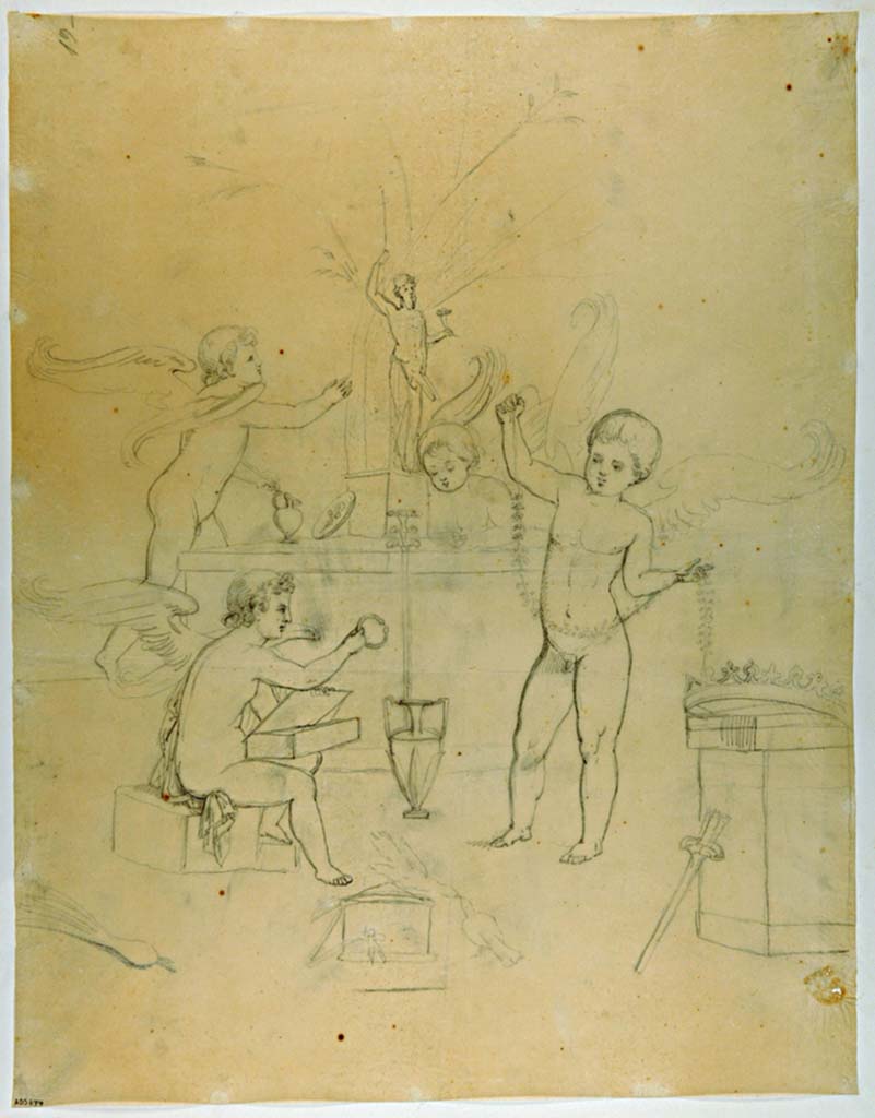 VII.4.59 Pompeii. Drawing of Cupids playing with the attributes of Aphrodite next to a statue of Priapus
Found on the west wall of Exedra or triclinium y. 
See Real Museo Borbonico, XI, 1835, Tav. XVI, signed by La Volpe.
Now in Naples Archaeological Museum. Inventory number ADS 674.
Photo © ICCD. https://www.catalogo.beniculturali.it/
Utilizzabili alle condizioni della licenza Attribuzione - Non commerciale - Condividi allo stesso modo 2.5 Italia (CC BY-NC-SA 2.5 IT)
