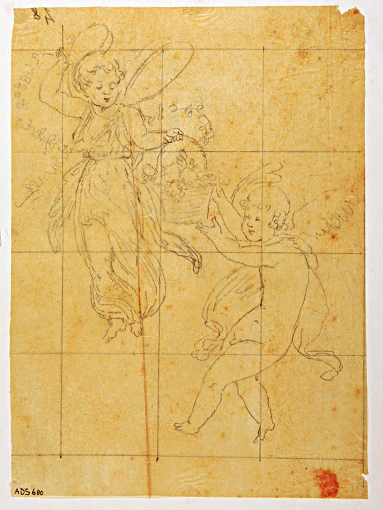 VII.4.59 Pompeii. 
Drawing attributed to Giuseppe Abbate, of cupid and Psyche from one of the side panels of the exedra or triclinium y. 
Now in Naples Archaeological Museum. Inventory number ADS 680.
Photo © ICCD. https://www.catalogo.beniculturali.it/
Utilizzabili alle condizioni della licenza Attribuzione - Non commerciale - Condividi allo stesso modo 2.5 Italia (CC BY-NC-SA 2.5 IT)

