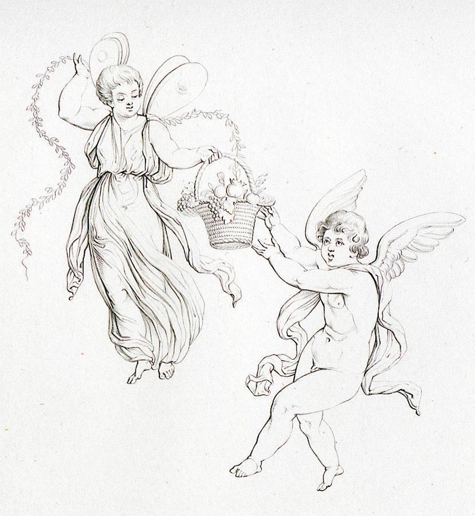 VII.4.59 Pompeii. 
Drawing by La Volpe of cupid and Psyche from one of the side panels of the exedra or triclinium y. 
See Real Museo Borbonico XI, 1835, tav. LVII.
