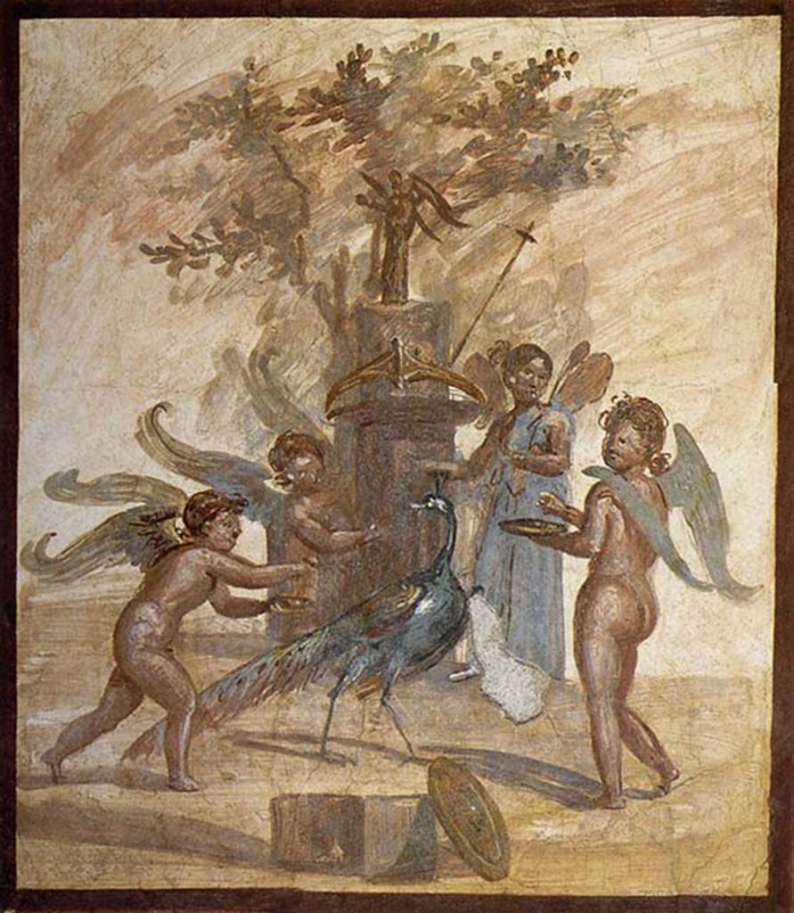 VII.4.59 Pompeii.Oecus or triclinium y, south wall. Painting of Cupids and Psyche making sacrifices to Hera. Now in Naples Archaeological Museum.  Inventory number 20879. See Bragantini, de Vos, Badoni, 1986. Pitture e Pavimenti di Pompei, Parte 3. Rome: ICCD, p. 148.