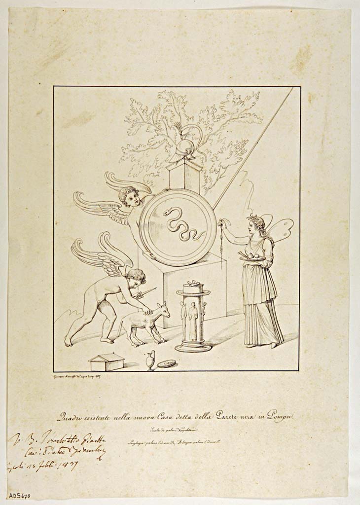 VII.4.59 Pompeii. Drawing by Giuseppe Marsigli, 1837, a copy of the painting of Cupids and Psyche making sacrifices to Mars.
Found in the Exedra or triclinium y, south wall. 
Now in Naples Archaeological Museum. Inventory number ADS 678.
Photo © ICCD. http://www.catalogo.beniculturali.it
Utilizzabili alle condizioni della licenza Attribuzione - Non commerciale - Condividi allo stesso modo 2.5 Italia (CC BY-NC-SA 2.5 IT)
