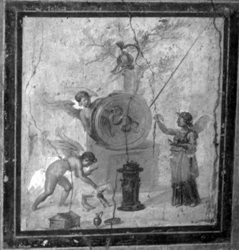 VII.4.59 Pompeii.Exedra or triclinium y, south  wall. Painting of Cupids and Psyche making sacrifices to Ares. Now in Naples Archaeological Museum. See Bragantini, de Vos, Badoni, 1986. Pitture e Pavimenti di Pompei, Parte 3. Rome: ICCD, p. 148.