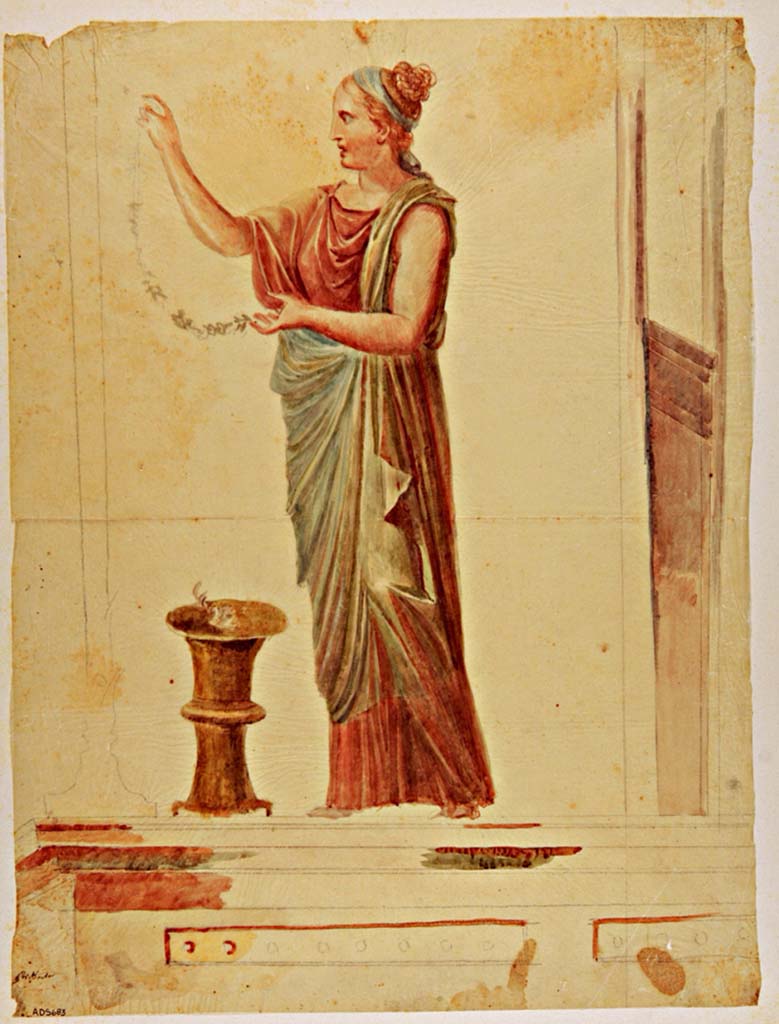 VII.4.59 Pompeii. c.1840. 
Exedra or triclinium y, drawing by James William Wild, showing detail of candelabra separating panels on south wall.  
Photo © Victoria and Albert Museum, inventory number E.4002-1938.

