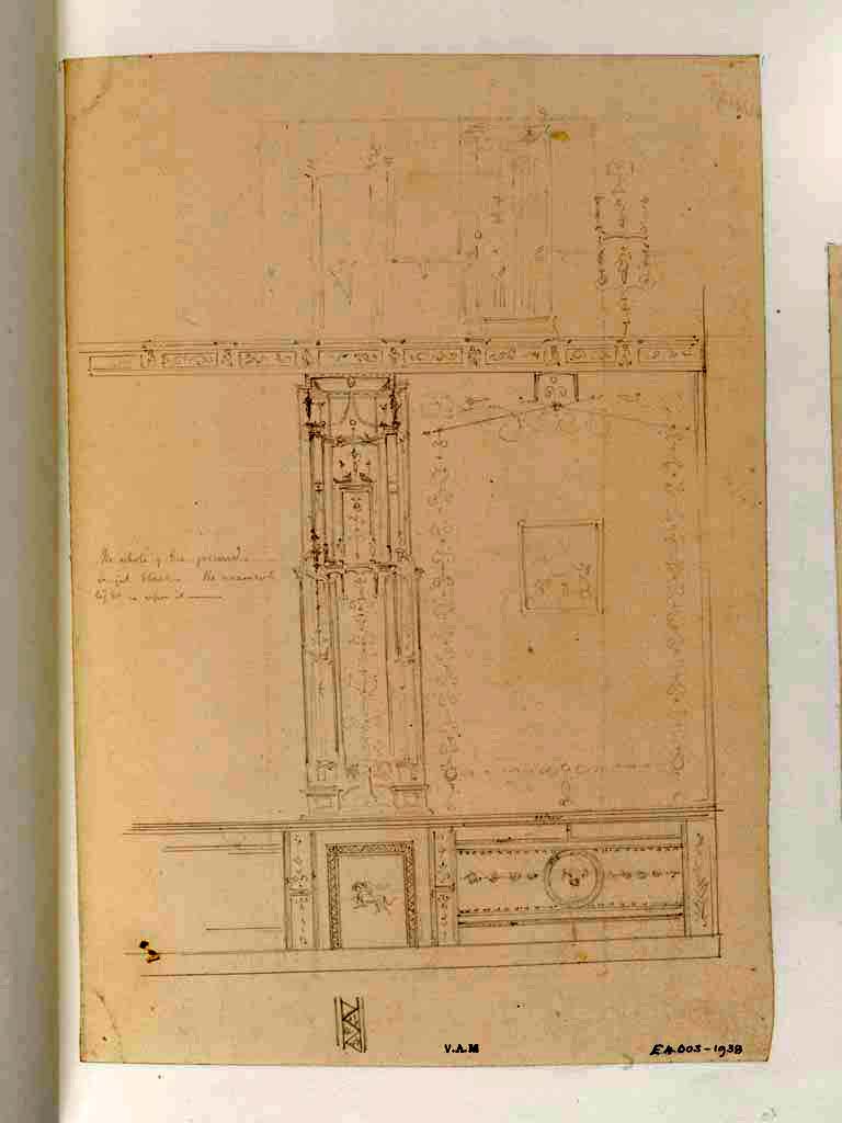 VII.4.59 Pompeii. c.1840. 
Exedra or triclinium y, detail of part of south wall. Drawing by James William Wild. 
Photo © Victoria and Albert Museum, inventory number E.4003-1938. 

 
. 
