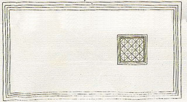 VII.4.59 Pompeii. 1840 drawing of mosaic floor, triclinium z.
See Avellino F., 1843. Descrizione di una casa disotterrata in Pompei negli anni 1832, 1833 e 1834., Napoli, Memorie della R. Acc. Ercolanese III, 1843, Tav II, fig. 6.
See Hanoune R., A and M De Vos, 1985. Gli acquarelli pompeiani di F. Boulanger [Casa dei Bronzi, Casa del labirinto], MEFRA 1985. p. 868, fig. 17. 
