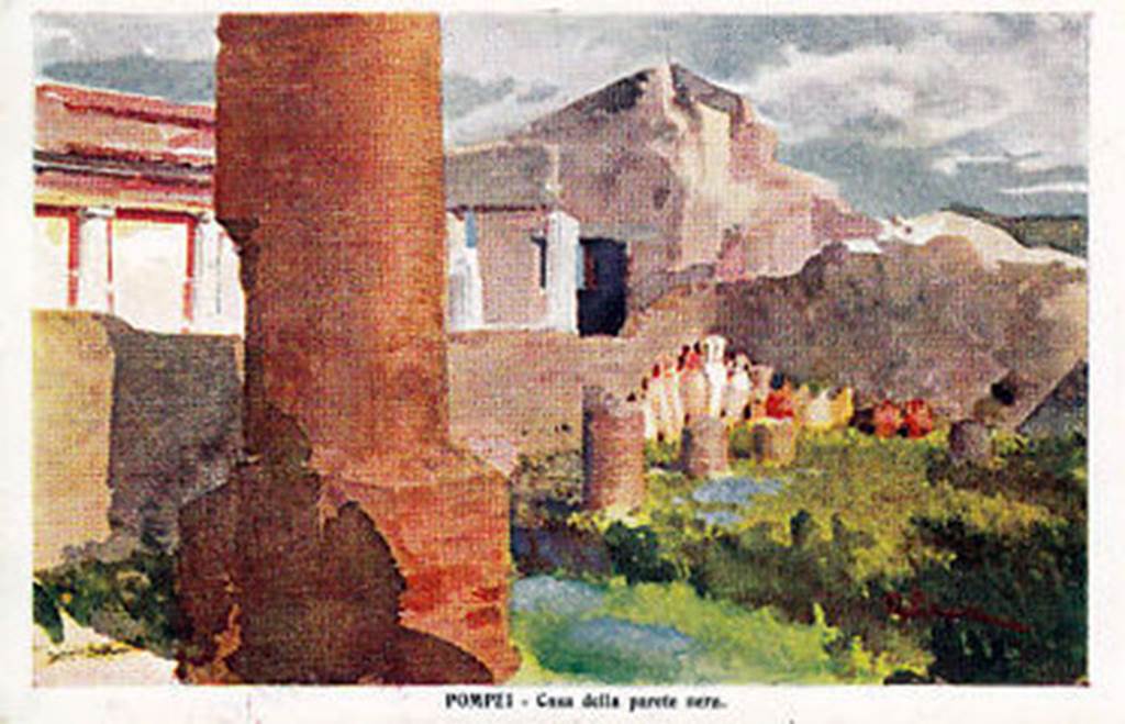 VII.4.62 Pompeii. Casa della Parete Nera, old watercolour postcard. In the foreground is the peristyle of VII.4.62 the Casa delle Forme di creta. Behind the wall is the Casa della Parete Nera VII.4.59.
