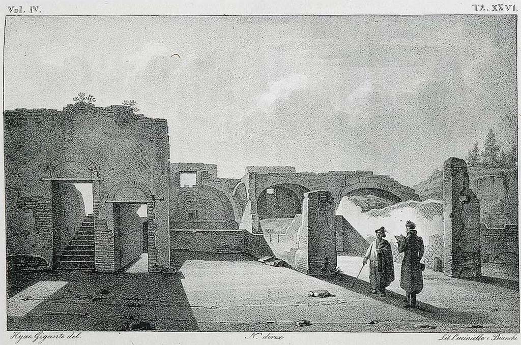 VII.5.1, Pompeii, on left. Pre-1827 drawing by Hyac. Gigante. Looking south towards the ruins of the Forum Baths, as excavated.
Looking south from Via delle Terme towards VII.5.1, steps to upper floor; VII.5.2 an entrance doorway; VII.5.3 and VII.5.4, shops.
See Real Museo Borbonico, vol. IV, 1827, Tav. XXVI.
