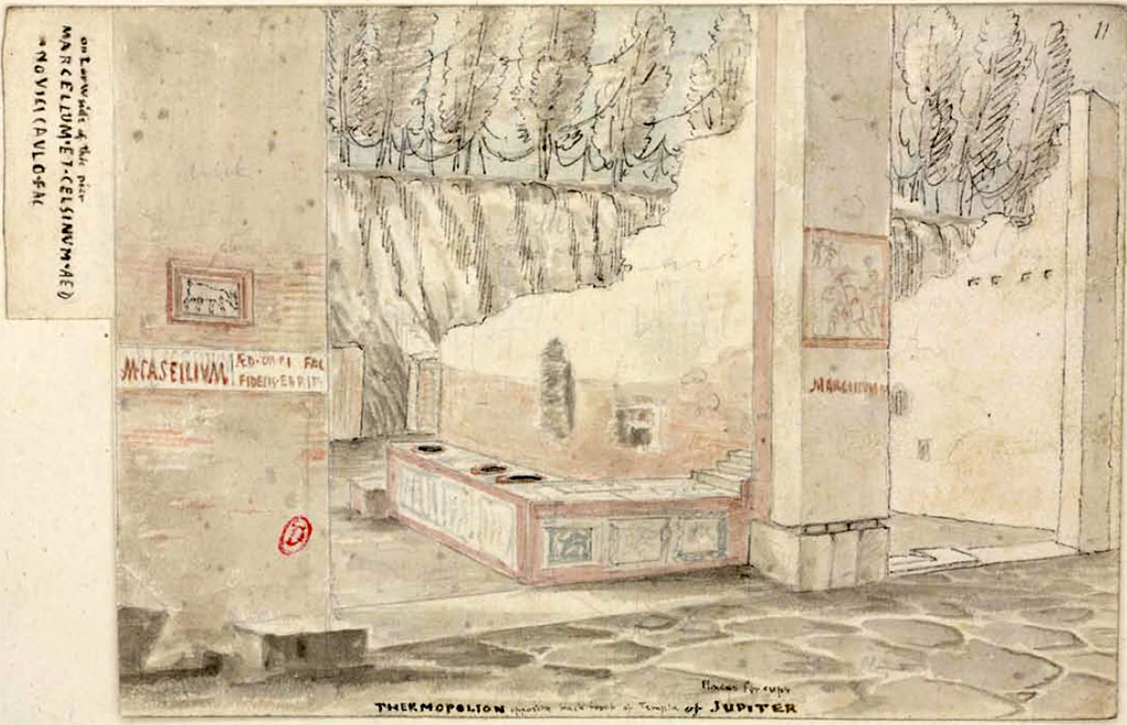 VII.5.14 Pompeii, on left. Between 1819 and 1832, sketch by W. Gell showing "Thermopolion opposite back front of Temple of Jupiter".
Shown on the right is the marble clad counter and on the left pilaster below the plaque is the inscription 
M(arcum)  Casellium //
aed(ilem)  d(ignum)  r(ei)  p(ublicae)  fac(it)
Fidelis  Fbrli      [CIL IV 540]
See Gell, W. Pompeii unpublished [Dessins de l'édition de 1832 donnant le résultat des fouilles post 1819 (?)] vol II, pl. 72.
Bibliothèque de l'Institut National d'Histoire de l'Art, collections Jacques Doucet, Identifiant numérique Num MS180 (2).
See book in INHA Use Etalab Licence Ouverte
