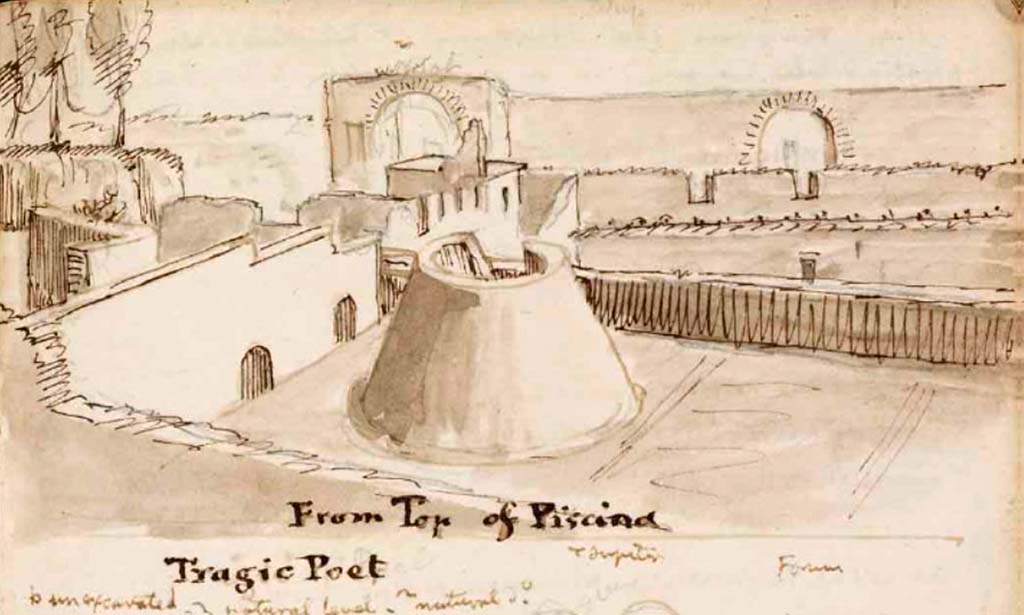 VII.5.19 Pompeii. c.1830. Drawing by Gell, looking south from roof of Baths towards arches into the Forum.
According to Gell, “this represents the place as it appears from the roof of the natatorium or piscina of the baths, the cone or dome of which forms a principal object in the foreground, and which, from its construction, would evidently have resisted the attacks of time, had it not projected above the soil of the vineyard.”
See Gell, W. Sketchbook of Pompeii, c.1830. 
See book from Van Der Poel Campanian Collection on Getty website http://hdl.handle.net/10020/2002m16b425
See Gell, W, 1832. Pompeiana: Vol 1. London: Jennings and Chaplin, (p.82).
