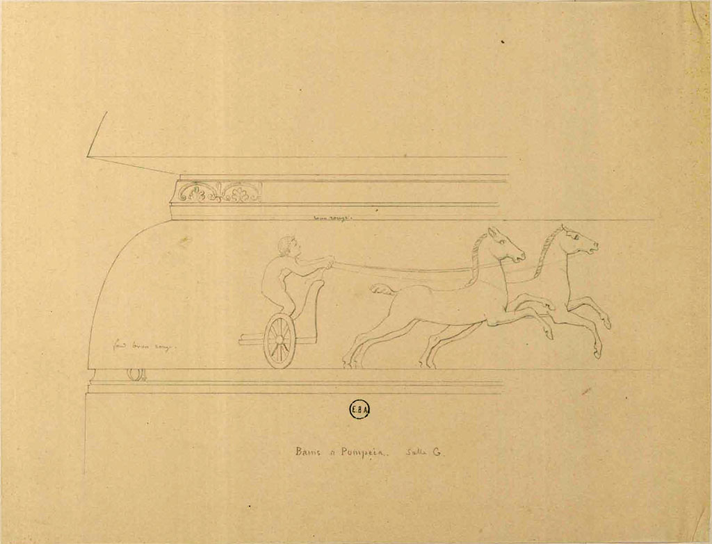 7.5.25 Pompeii. Sketch by Jean-Baptiste Ciceron Lesueur, of one of the two-horse chariots in the race.
See Lesueur, Jean-Baptiste Ciceron. Voyage en Italie de Jean-Baptiste Ciceron Lesueur (1794-1883), pl. 55.
See Book on INHA reference INHA NUM PC 15469 (04)  « Licence Ouverte / Open Licence » Etalab
