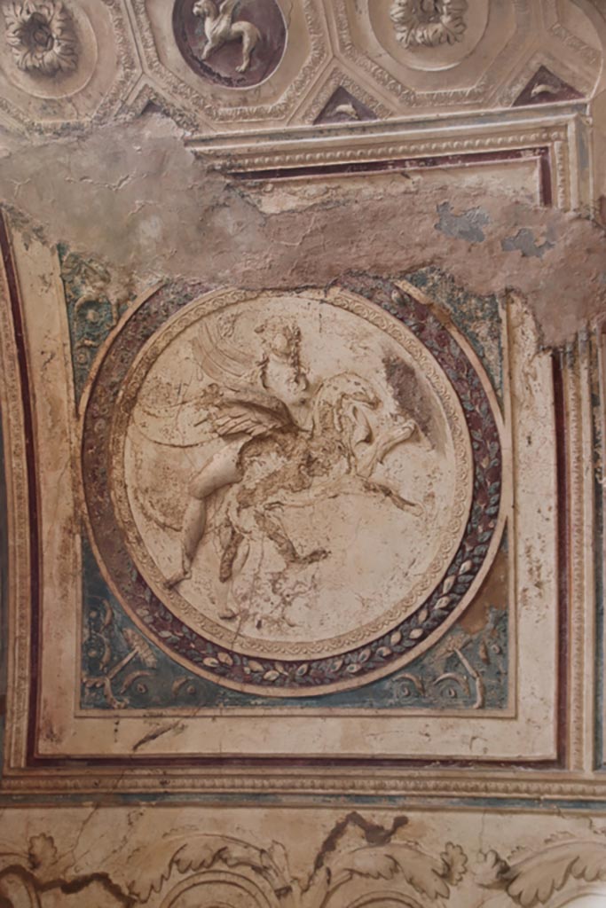 VII.5.24 Pompeii. October 2023. 
Detail from ceiling plaster stucco in south-west corner of tepidarium (37). Photo courtesy of Klaus Heese.
