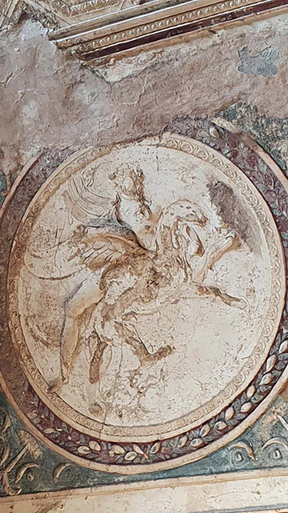 VII.5.24 Pompeii. August 2021.
Detail from ceiling plaster stucco in south-west corner of tepidarium (37). 
Foto Annette Haug, ERC Grant 681269 DÉCOR.
