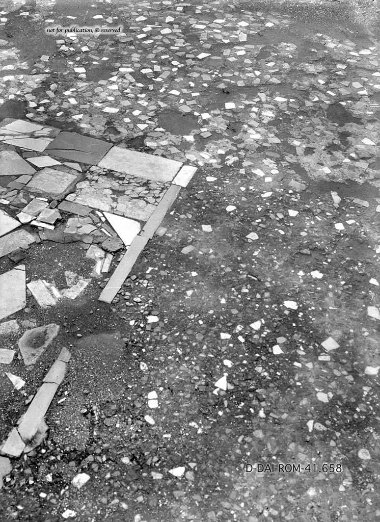 VII.6.3 Pompeii. c.1930. Triclinium 19, flooring in central area, near table.  
DAIR 41.658. Photo © Deutsches Archäologisches Institut, Abteilung Rom, Arkiv.
See Pernice, E.  1938. Pavimente und Figürliche Mosaiken: Die Hellenistische Kunst in Pompeji, Band VI. Berlin: de Gruyter, (p.58-59, and tav. 23,2 above.)
According to PPM –
“The photo shows an area of the flooring, and part of the carpet of square, hexagonal and diamond-shaped tiles, and polychrome marble flakes inserted into the cocciopesto, in the area of the table.” 
(La foto mostra uno scorcio del pavimento con parte del tappeto di piastrelle quadrate, esagonali, romboidali e di scaglie marmoree policrome inserito nel cocciopesto, in correspondenza della mensa).
See Carratelli, G. P., 1990-2003. Pompei: Pitture e Mosaici. VII,7, Roma: Istituto della enciclopedia italiana, (p. 175.)
