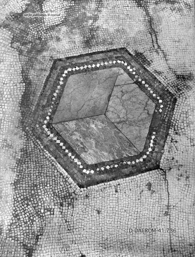 VII.6.7 Pompeii. c.1930. 
Cubiculum 40, flooring of white mosaic, with a hexagon in the centre formed by three diamonds of coloured marble, with border of black, white and red bands. 
DAIR 41.736. Photo © Deutsches Archäologisches Institut, Abteilung Rom, Arkiv.
See Pernice, E.  1938. Pavimente und Figürliche Mosaiken: Die Hellenistische Kunst in Pompeji, Band VI. Berlin: de Gruyter, (p.89-90, and taf. 41,2 above).
