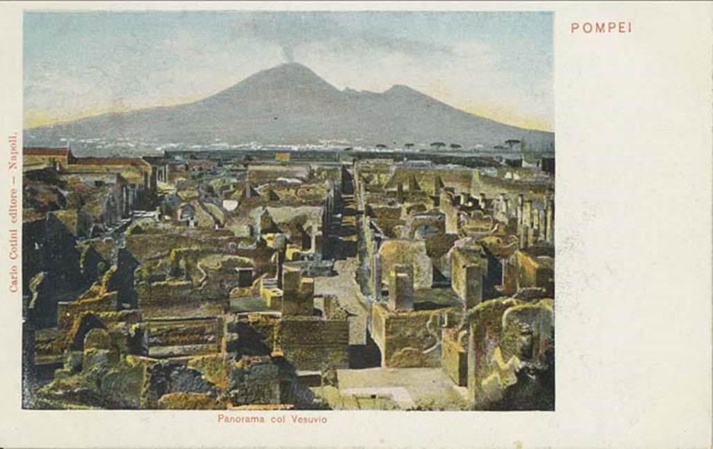  VII.6.7 Pompeii. Late 19th century postcard. Looking north from above atrium and impluvium of VII.6.7.  The entrance doorway would have been the one on the right of the centre of the photo. This shows the north wall of the atrium, and the rear of VII.6.4, 5 and 6. The entrance doorway leading into the atrium of VII.6.3 can be seen on the left. Photo courtesy of Rick Bauer.
