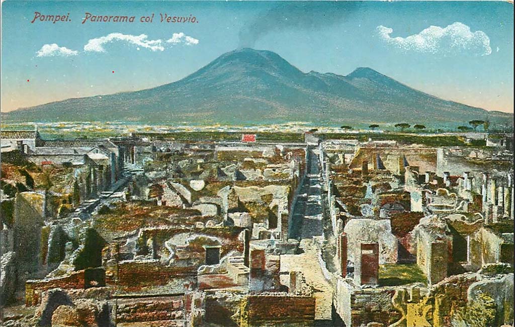 VII.6.7 Pompeii. Undated postcard. Looking north from above atrium of VII.6.7. 
The entrance doorway would have been the one on the right of the centre of the photo, opposite Via Consolare.
This shows the north wall of the atrium, at the rear of VII.6.4, 5 and 6. Photo courtesy of Drew Baker.
