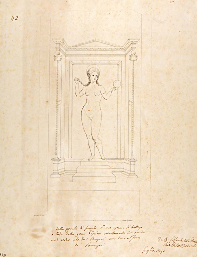 VII.6.13/14 Pompeii. Drawing by Giuseppe Abbate, 1840, copy of a painting of Venus with her mirror, from the wall in front of a sort of shop, at the side of the Large Baths.
Two paintings were found, this one from the rear wall was detached and taken to Naples Archaeological Museum, inventory number 28873. 
The other presumably was left and lost, see also VII.6.14.
Now in Naples Archaeological Museum. Inventory number ADS 692.
Photo © ICCD. http://www.catalogo.beniculturali.it
Utilizzabili alle condizioni della licenza Attribuzione - Non commerciale - Condividi allo stesso modo 2.5 Italia (CC BY-NC-SA 2.5 IT)
