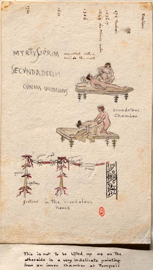 VII.6.13/14/15/16 Pompeii? Between 1819 and 1832, sketches by William Gell.
(Note -These may or may not be from here.)
Graffiti inscribed with a nail on the wall, and drawings from the walls of the “scandalous chamber”.
See Gell, W. Pompeii unpublished [Dessins de l'édition de 1832 donnant le résultat des fouilles post 1819 (?)] vol II, pl. 74 verso.
Bibliothèque de l'Institut National d'Histoire de l'Art, collections Jacques Doucet, Identifiant numérique Num MS180 (2).
See book in INHA Use Etalab Licence Ouverte

